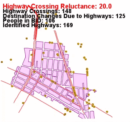 GAMA simulation GIF showing pedestrian flow with high vs low highway reluctance